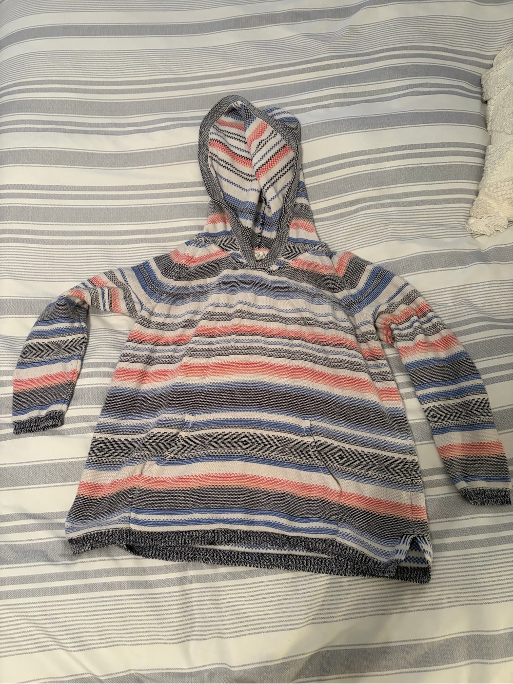 Striped Hooded Pullover Sweatshirt in Blue, Pink & Gray